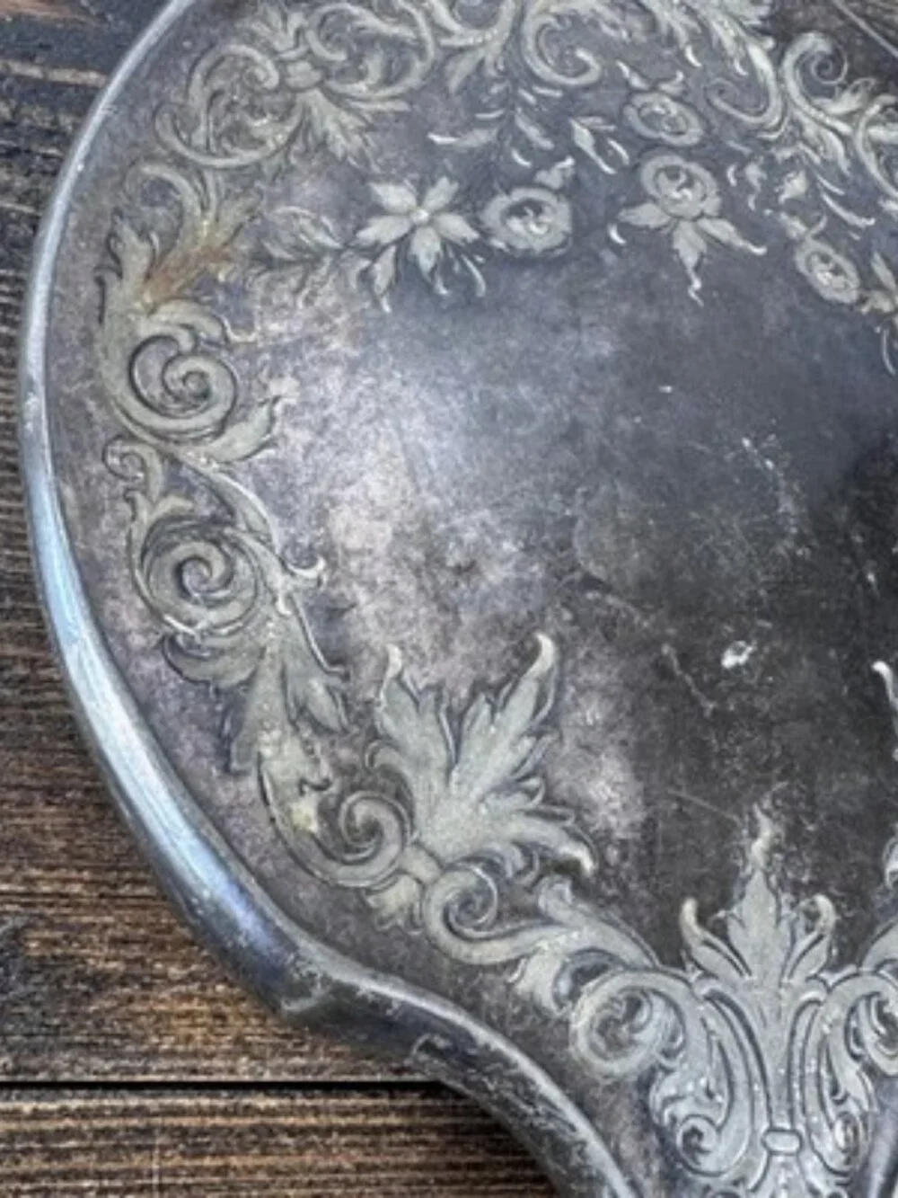 Vintage Handheld Vanity Mirror Floral Etched Metal Frame Tarnished Silver
